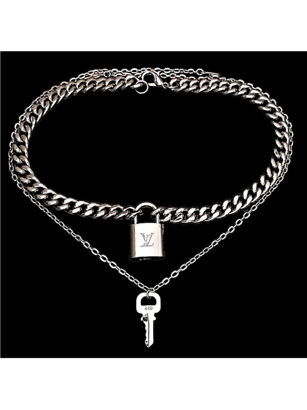 Louis Vuitton Two-Tier Silver Padlock and Key Necklace